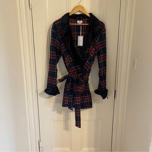 Petite Plume NWT $128 Retail Windsor Tartan Car Coat Robe Velvet Trim Sz L
